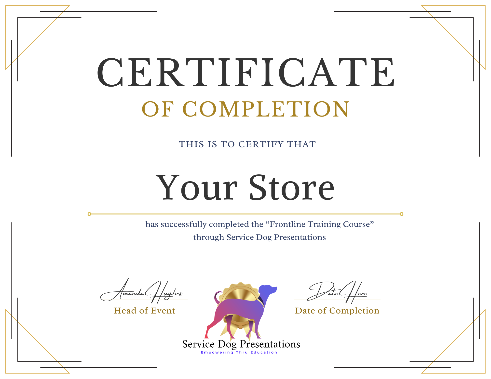 Certificate of Completion from Service Dog Presentations